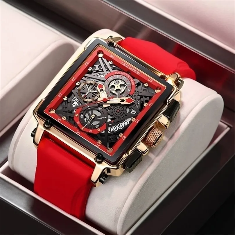 LIGE Men Watches Top Brand Luxury Hollow Square Sport Watch For