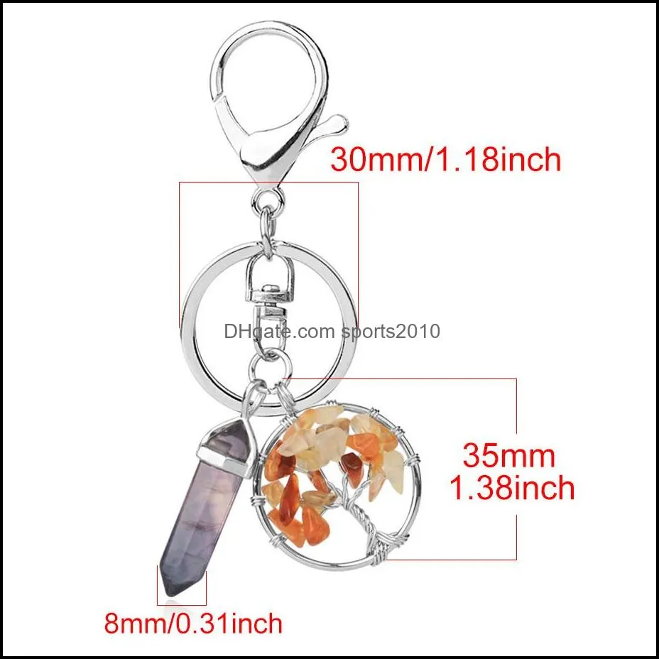 natural stone tree of life key rings fluorite hexagonal prism keychains healing rose crystal car decor keyholder for women men