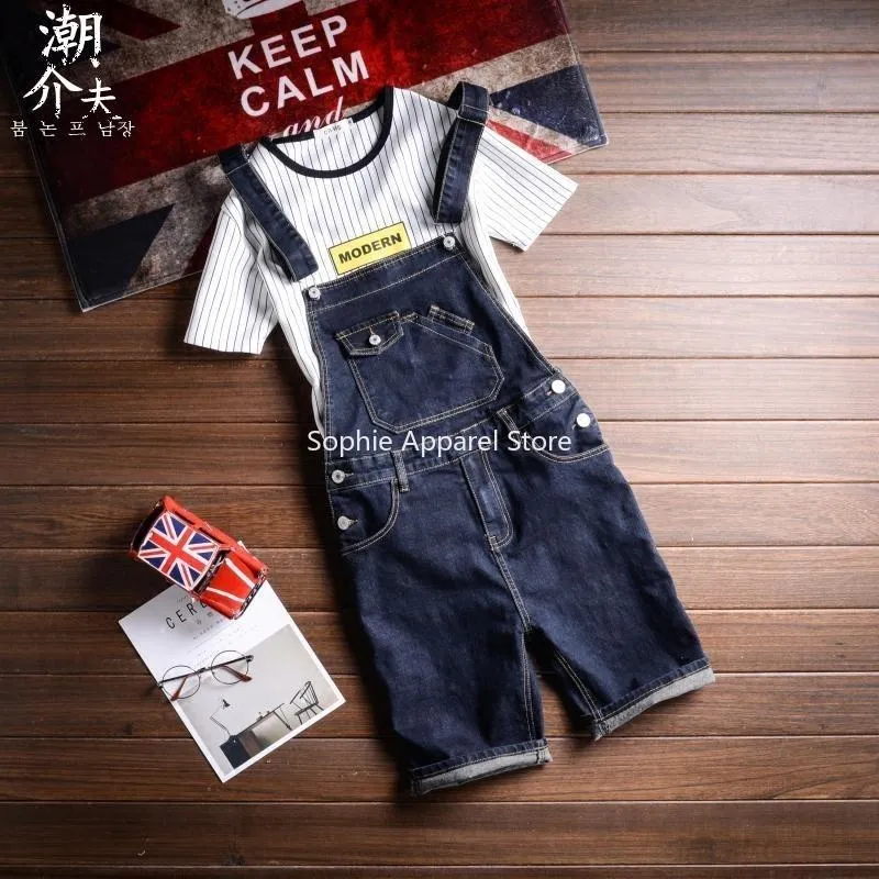 Men's Jeans Summer Men Bib Overalls Pants Women Denim Jean Shorts Skinny Couple Kpop Clothes Street Wear283V