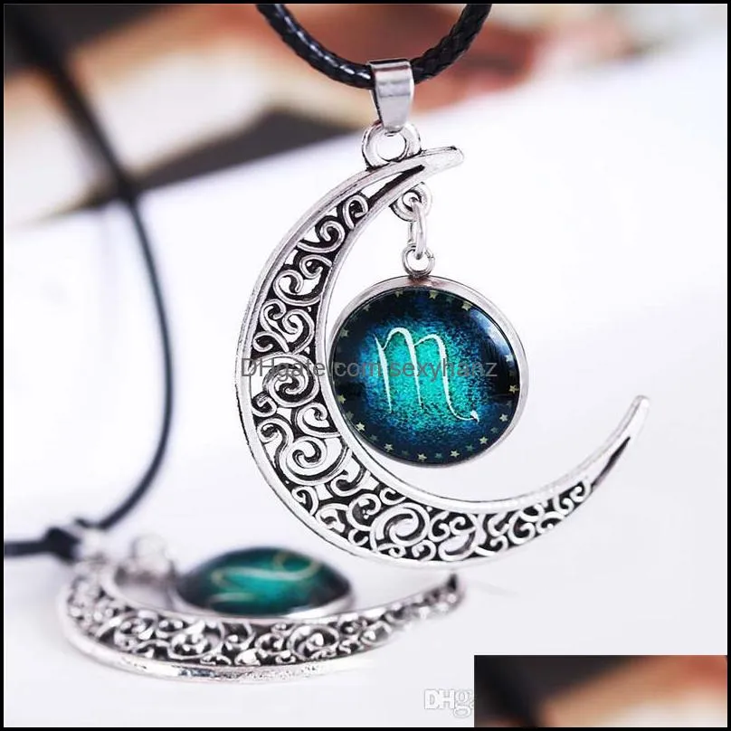 12 Constellation Pendant Necklace Sign Silver Crescent Moon Stars Zodiac Jewelry Glass Dome Choker Necklaces Birthday Gifts