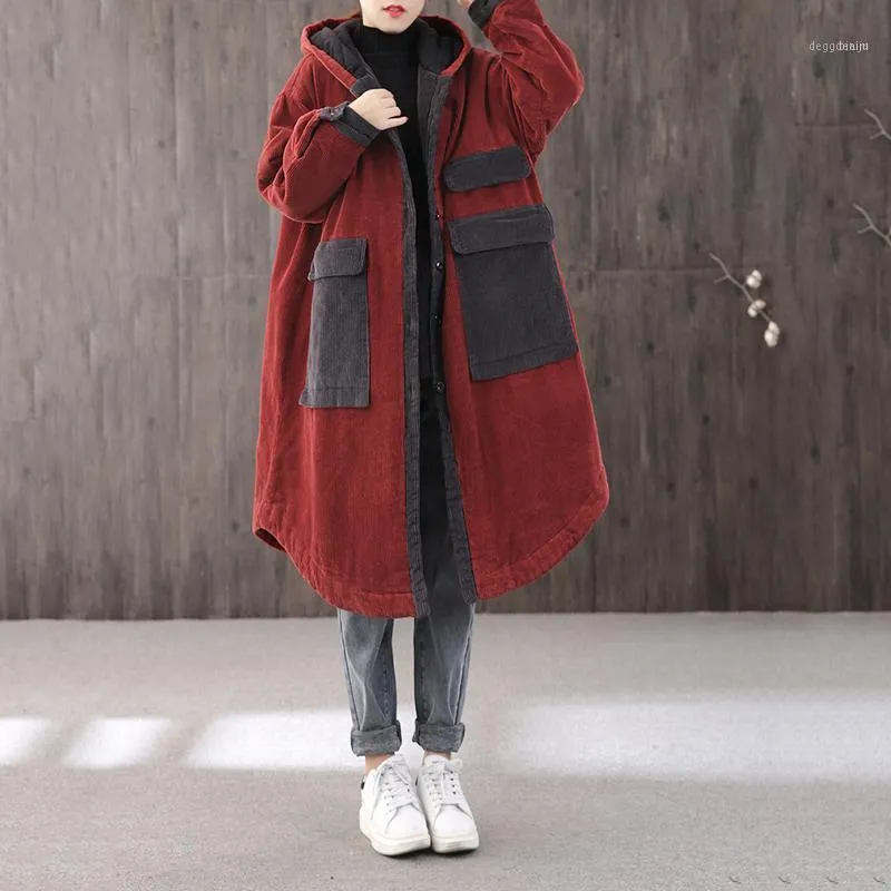 Corduroy Big Pockets Plus Cotton Thick Hooded Cotton-padded Coat Women Fall/winter 2022 Loose Large Size Mid-length Cotton32 Women's Down &