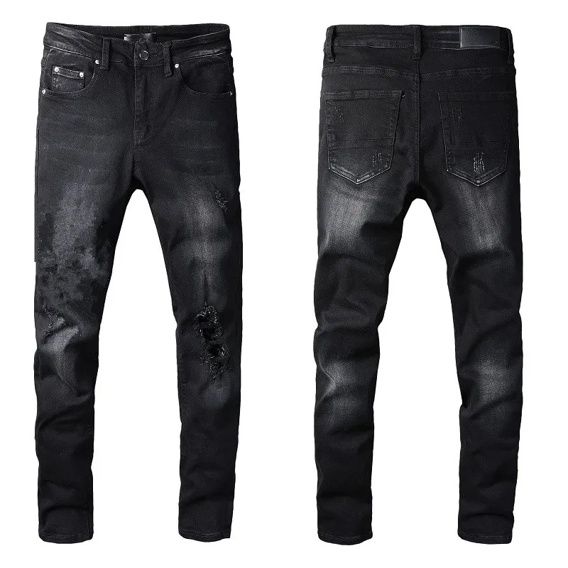 Mens Jeans Designer Skinny Black Rip Letter Angel Print Rock Denim Slim Fit Paint Splatter For Man Pants Embroider Biker nöd rakt hiphop med hål långt