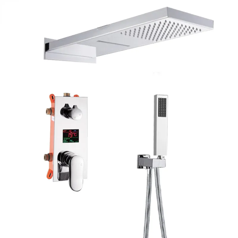 Luxury Rain Waterfall Shower Robinet Set Bathtub LCD Digital Display Shower Mixer Tap avec Kit Système de douche de baignoire