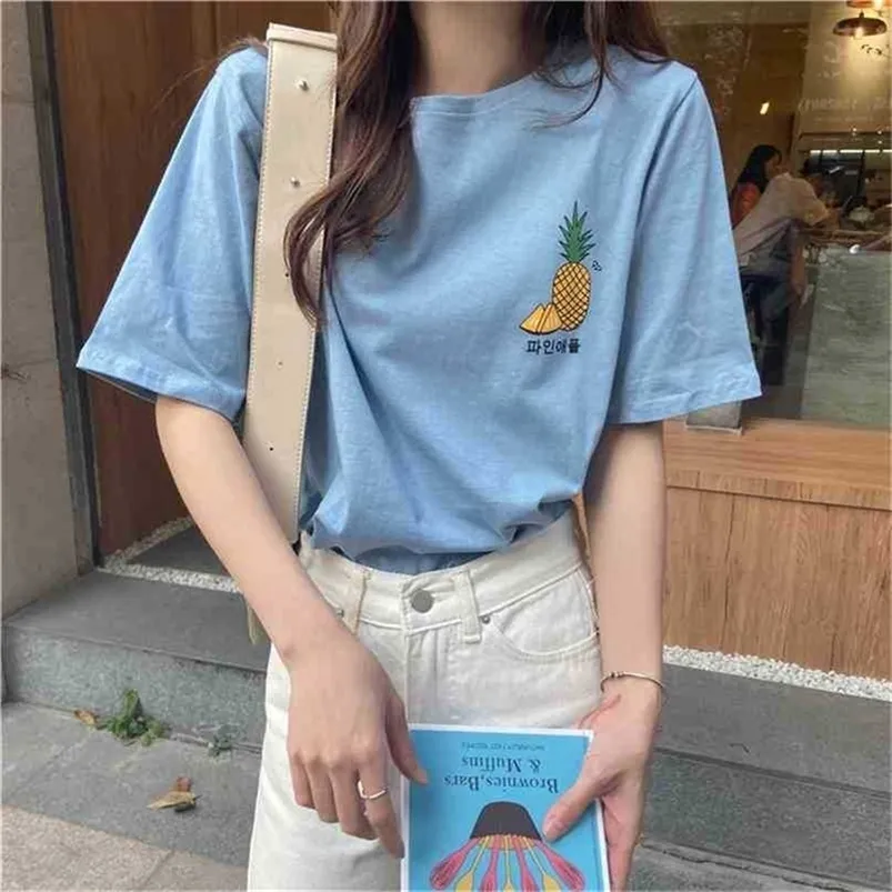 Zomerminimalistisch geprinte fruit meisjes mode korte mouwen korte mouwen kort Koreaans los alle match sexy t shirts 210525