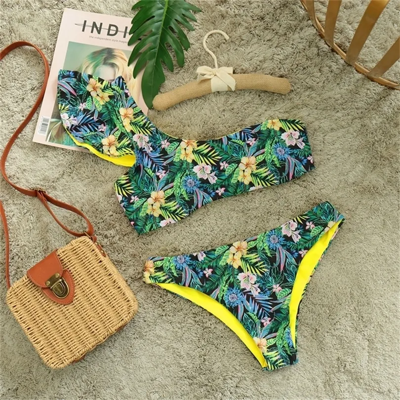 Sexy Bikini Eine Schulter Badeanzug Frauen Bademode Rüschen Bikini Set Weiblichen Badeanzug Retro Blumendruck Biquni T200508