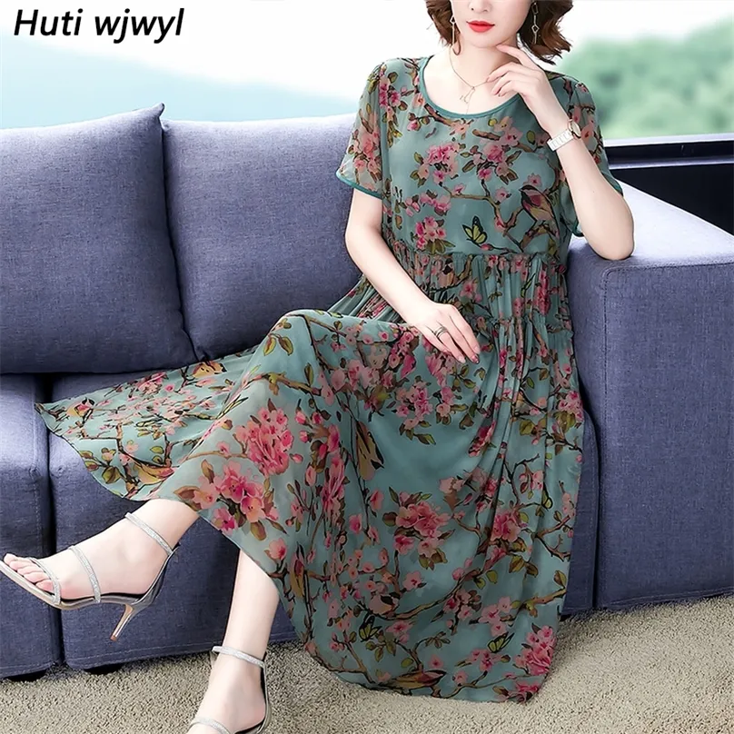 Vintage Floral Chiffon Boho Midi Dress Summer 4XL Plus Size Print Beach Casual Sundress Elegant Women Bodycon Party Vestido 220518