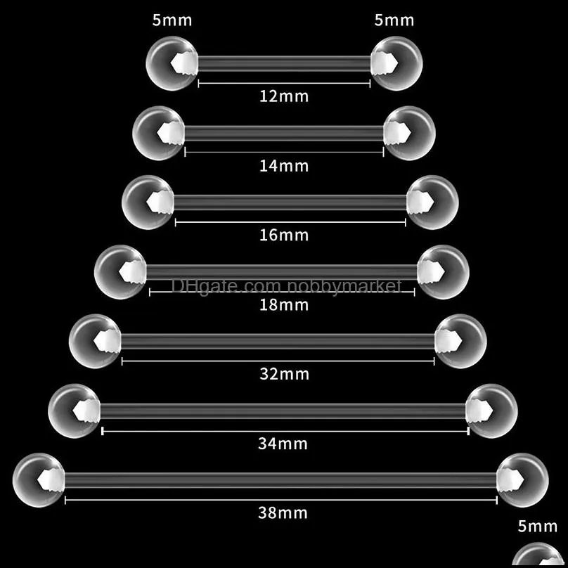 Tunga ringar kroppsmycken 10st tydlig mjuk piercing stud flexble akrylnippel ring skivstång bar brosk industriell örhänge spiral 12-38mm