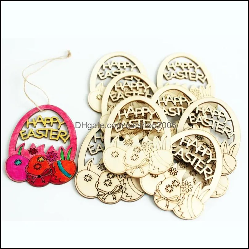 easter party home decorations pendant 10pcs diy carved wooden egg hanging pendants ornaments creative wooden craft party favors