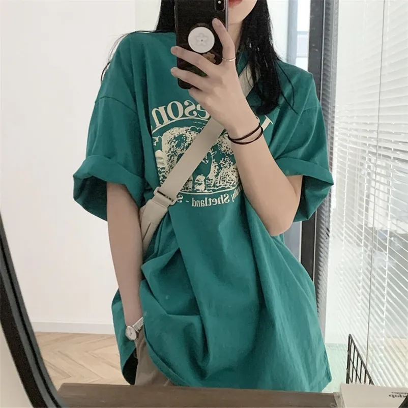 DAYIFUN T-shirt mezza manica femminile verde lettera stampa magliette allentate casual o-collo moda top abbigliamento donna estate 220525