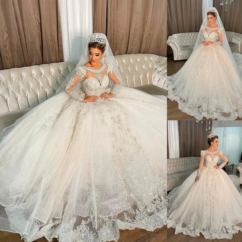 Ball Arab Princess Gown Wedding Dress Dubai Jewel Neck Long Sleeve Sequins Lace Appliques Beads Puffy Bridal Gowns s