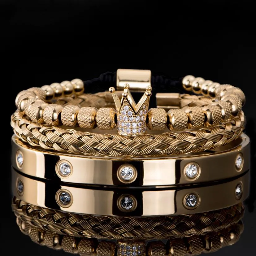 3pcs مجموعة Micro Pave Cz Crown Roman Roman Mens Bracelets Stainless Steel Crystals Barkles Handmade Jewelry Gift2585