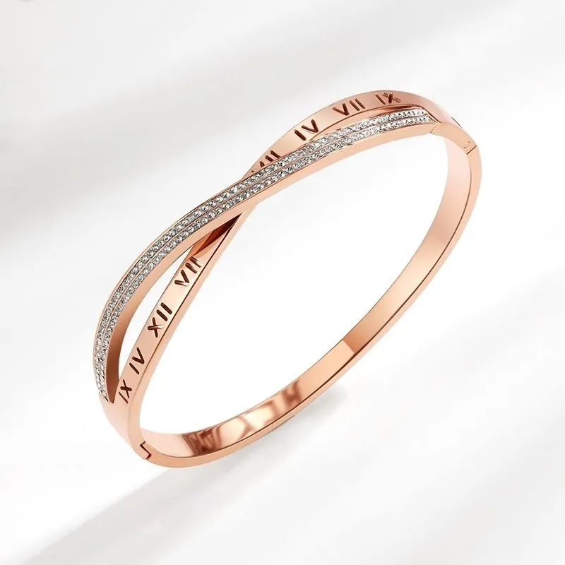 Groothandel- Rose Gold Roestvrij stalen armbanden Barmers Barmers vrouwelijk hart Romeinse cijfers merk bedelarmband voor vrouwen beroemde sieraden