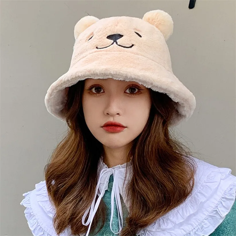 Fashion Autumn women Winter Cute bear ears Fur Bucket Hat Bear Ear Ball Plush Fisherman Soft Warm Thick Basin 220318