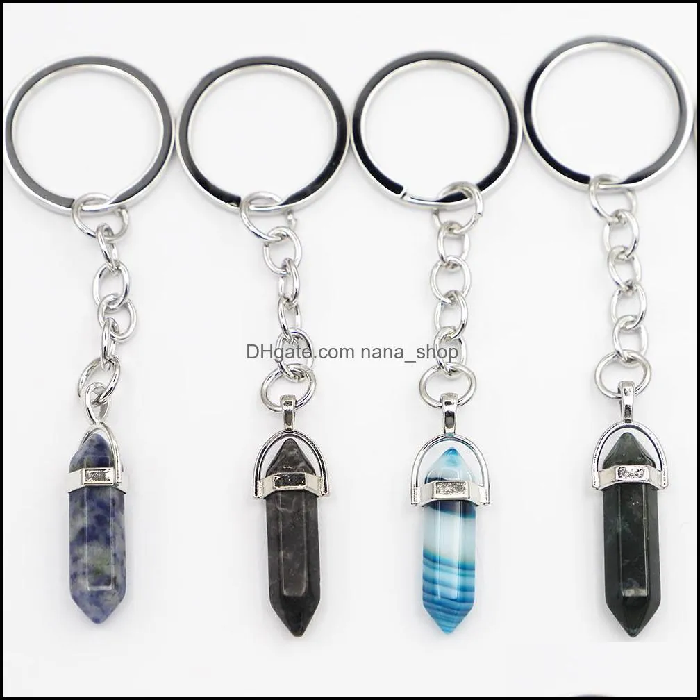 New Natural Stone Hexagonal Column Key chain keyring For Women Crystal Pink Quartz Key Rings On Bag Car Jewelry Party Friends Gift