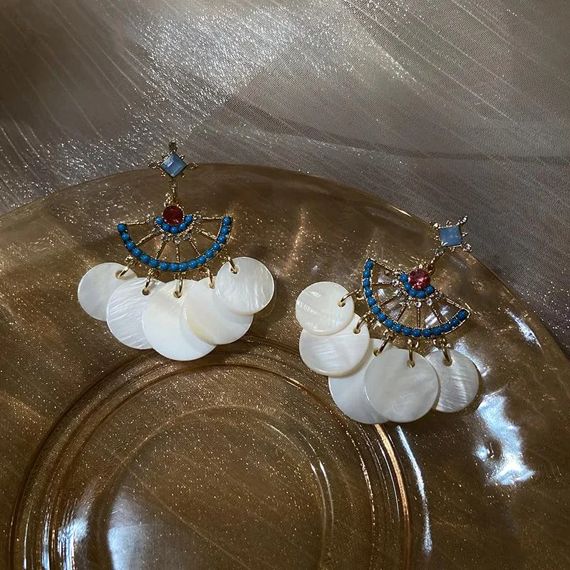 Dangle Lustre Bohème Shell Disque Boucles D'oreilles Pour Les Femmes Vintage De Luxe Secteur Strass Goutte Tempérament De Noce BijouxDangle Cha