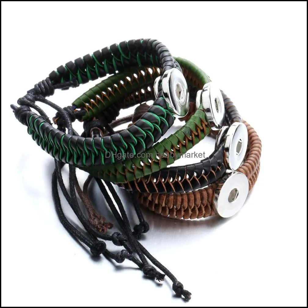 Black Brown Green Woven PU Leather Rope Bracelet fit 18mm Snap Button charms Bracelet Jewelry for women men