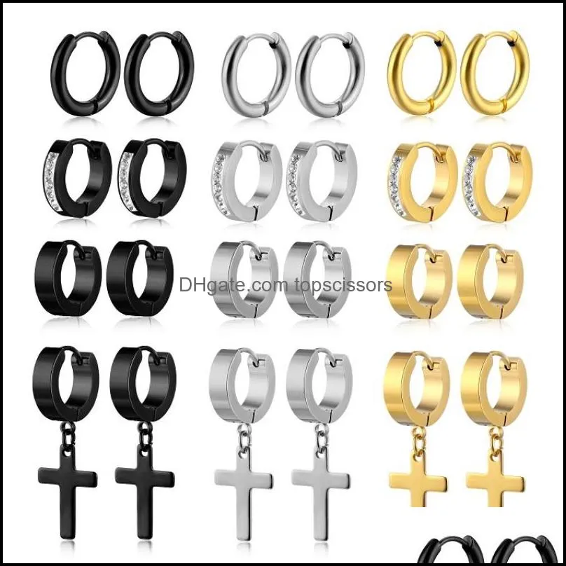 set of 12 pairs titanium steel dangle cross earring hoops for body piercing punk hiphop hoop earrings