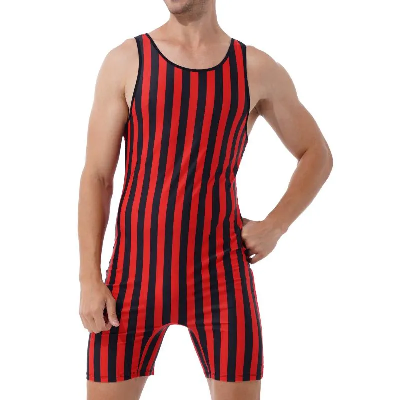 One-Piece Suits Men Gymnastics Striped Wrestling Singlet Bodysuit Weight Lifting Stretchy Leotard Workout Fitness Outfits Athletic JumpsuitO