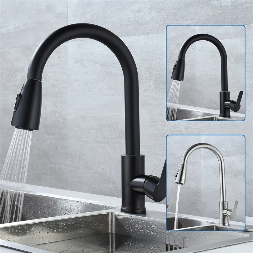 Matte Black Kitchen Faucet Deck Mounted Mixer Tap 360 Degree Rotation 2 Modellström Spruta munstycken Sink Cold Kranar 220401