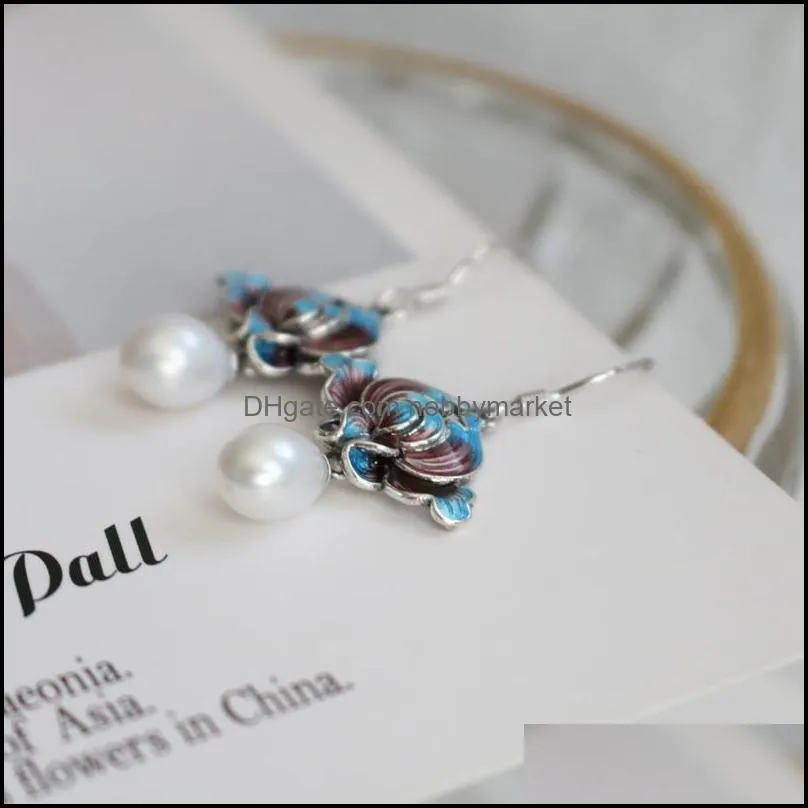 Original Design Enamel Porcelain Petals Pearl Earrings Chinese Style Retro Charm Light Luxury Women`s Brand Silver Jewelry Dangle &