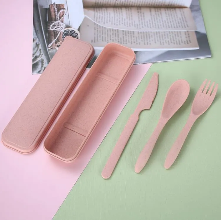 Wheat Straw Knife Fork Spoon Set Student Portable Tableware Box Cake Dessert Spoons Fruit Forks Travel Tableware SN4406