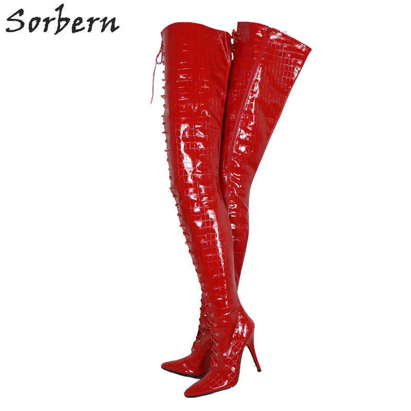 Sorbern Red Crocodile 가랑이 허벅지 부츠 여성 Stilettos 하이힐 지적 발가락 긴 부팅 유니섹스 사용자 정의 샤프트 길이 및 너비