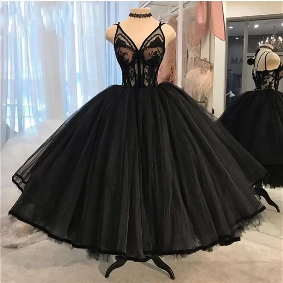 Black Gothic Ballgown Wedding Dresses Bridal Gown Illusion Bodice Lace Applique Tulle Straps Tea Length Custom Made Plus Size Vestido De Novia