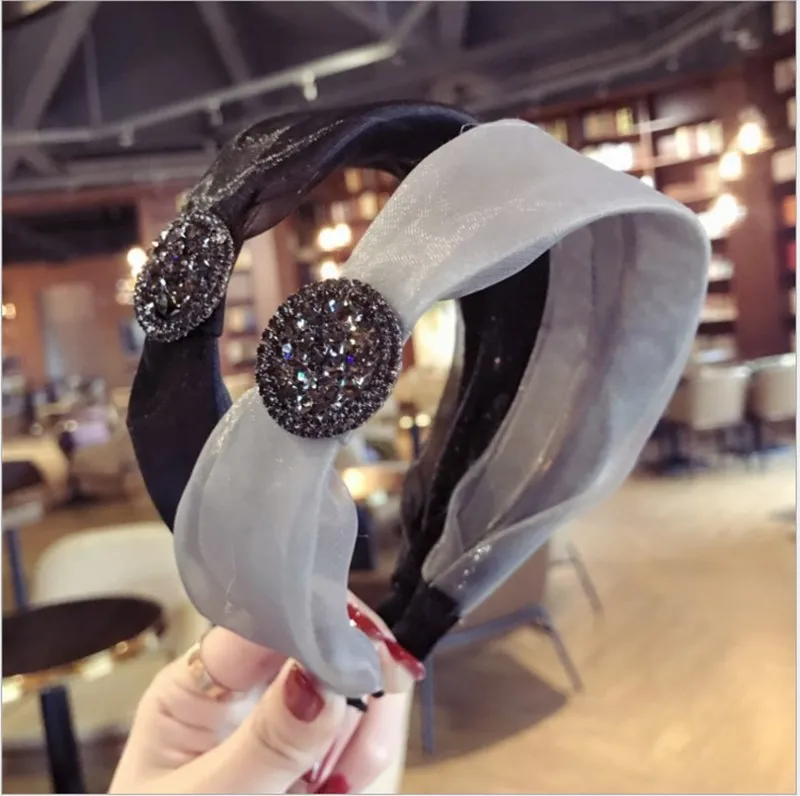 High-end hair accessories women's bud silk gauze fabric with diamonds super flash wide side headband wild girl headdres