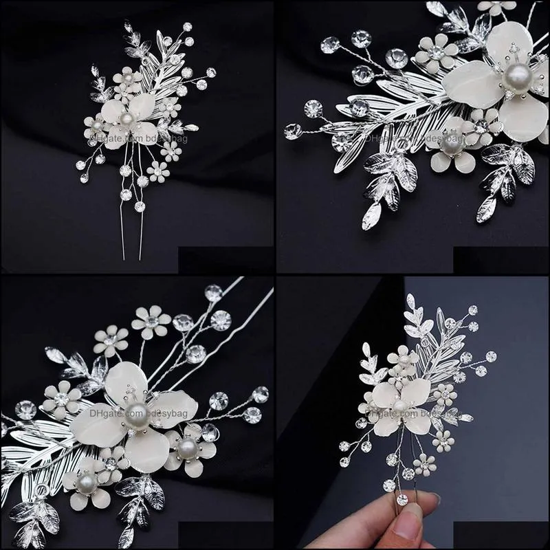 acrddk imitation pearls flower hair clip silver color alloy leaf hairpin bridal wedding hair jewelry accessories headpeice