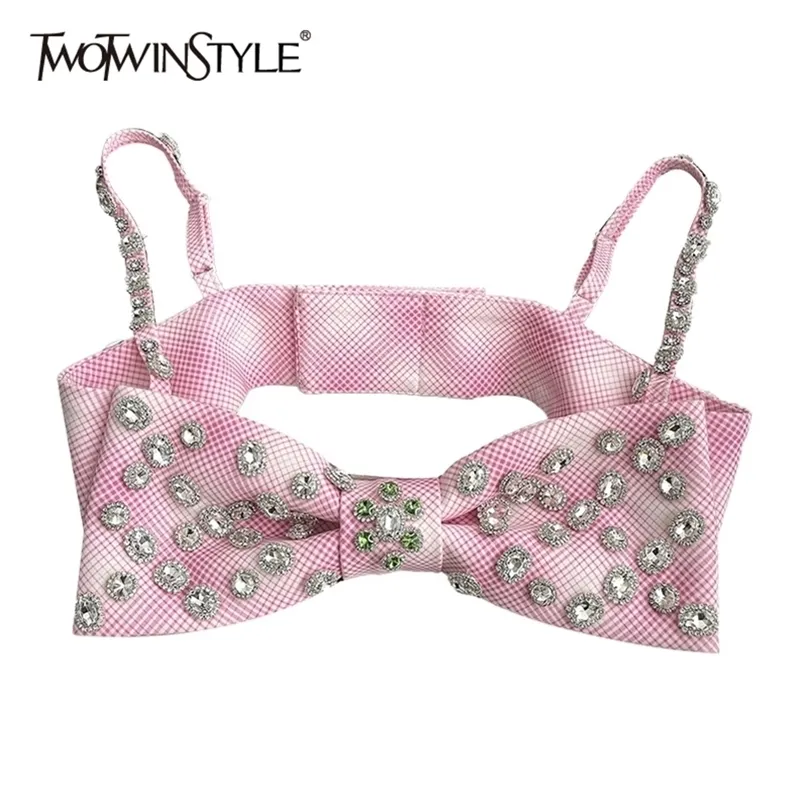 Twotwinstyle xadrez retalhos Bowknot Coletes para mulheres Slash Neck Sem Mangas Diamantes Bateu Cor Camis Feminino Verão Estilo 220325