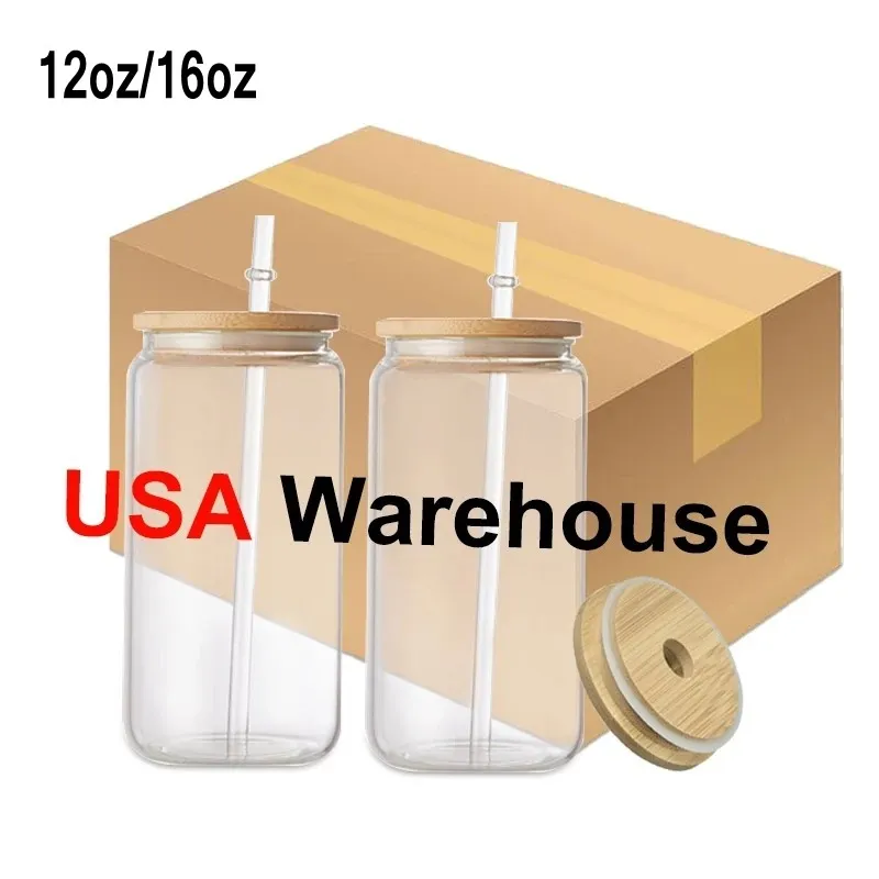 US STOCK 16oz Sublimation Glass Tumblers With Straw And Bamboo Lid Can Shaped Clear Frosted Beer Mugs Iced Coffee Soda Cups