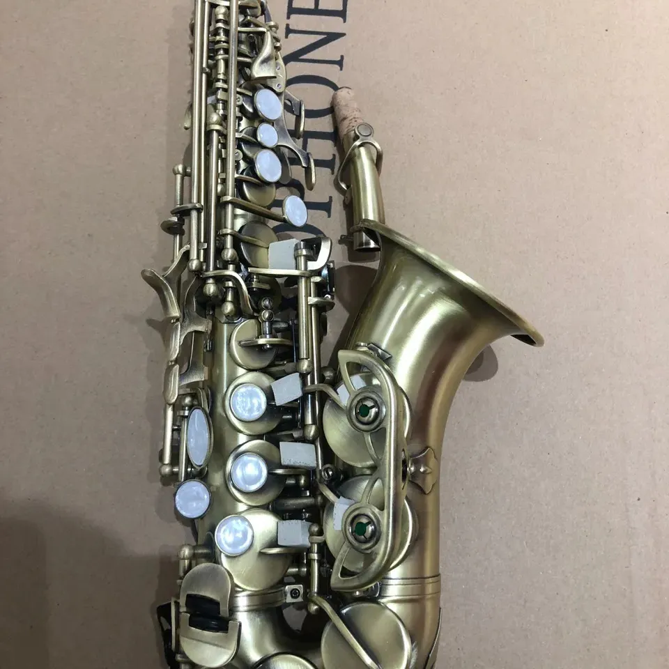 Retro 875ex bes profissional curvo saxofone sopraan antigo escovado artesanato profundo esculpido saxofone instrumento musical