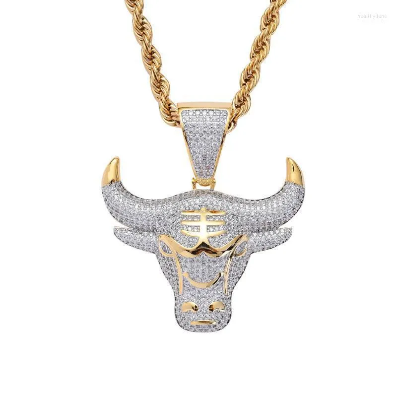 Pendentif Colliers Collier de taureau glacé pour hommes avec chaîne de tennis de 4 mm Or Argent Couleur Bling Zircon cubique Hip Hop Bijoux pour enfant Heal22