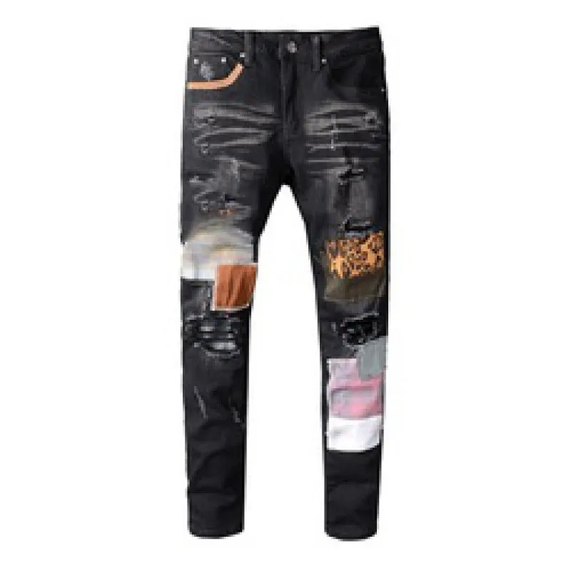 2022 Klassieke Mens Jeans Casual Motorfiets Motorfiets Denim Rock Slanke Borduurwerk Gaten Hoge Kwaliteit Topmerk Hip Hop Elastische Slims Legged 2