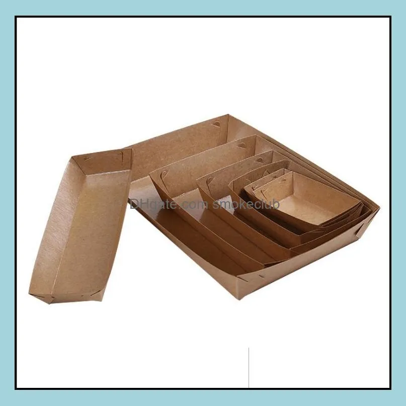 100Pcs Cake carriers Disposable Paper Food Serving Tray Kraft Coating Boat Shape Snack Open French Fries Chicken Box