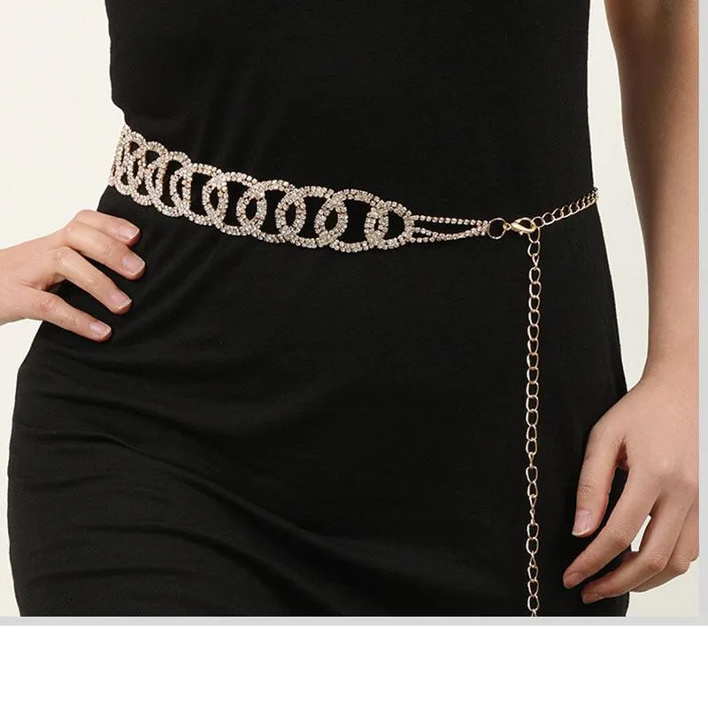 Belts 2022 Ladies Double Circle Metal Rhinestone Gold Waist Chain Dress Shirt Decoration Fashion For Women Luxury Designer Brand