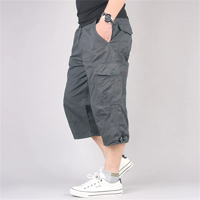 Men S Casual Long Length Cargo Shorts Multi Pocket Cotton Breeches Pants Tactical Military Cropped Trousers 5xl 220715
