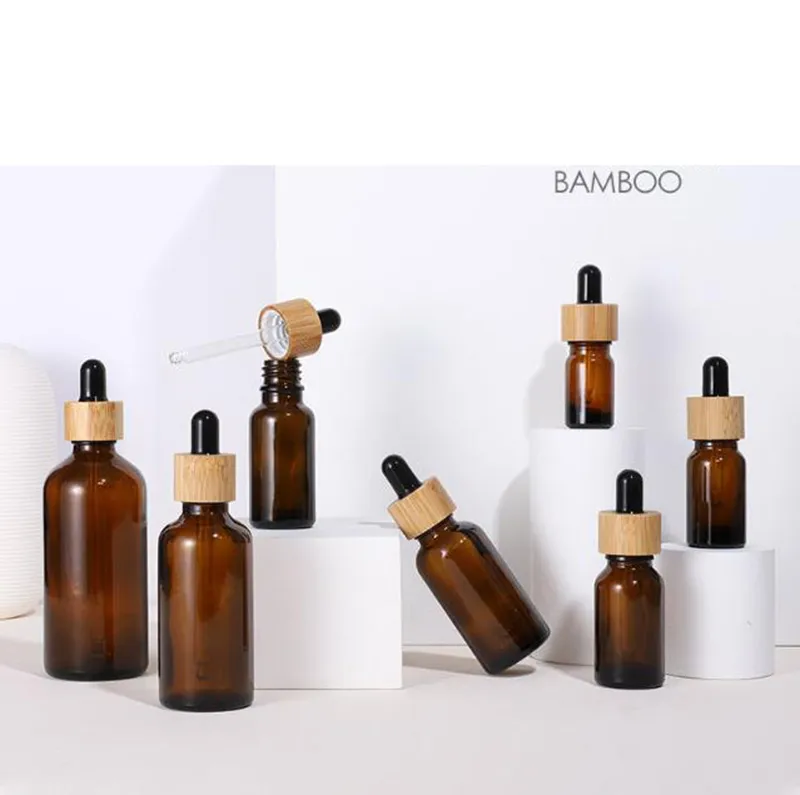 Natural Bamboo Wooden Amber Glass Essential Oil Dropper Bottles 10ml 15ml 20ml 30ml 50ml Cosmetic Containers wholesale