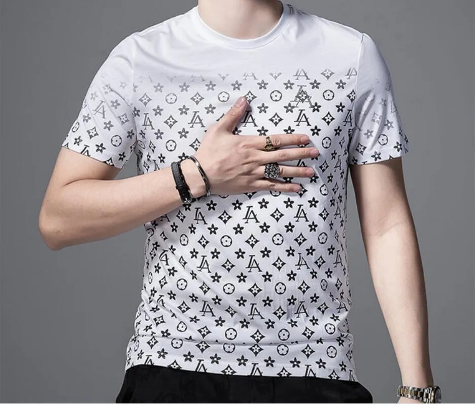 T-shirt à manches courtes et demi-manches pour hommes, Slim, imprimé, perceuse à chaud, personnalité, tendance, Ins, col rond, noir, A115, été 2022