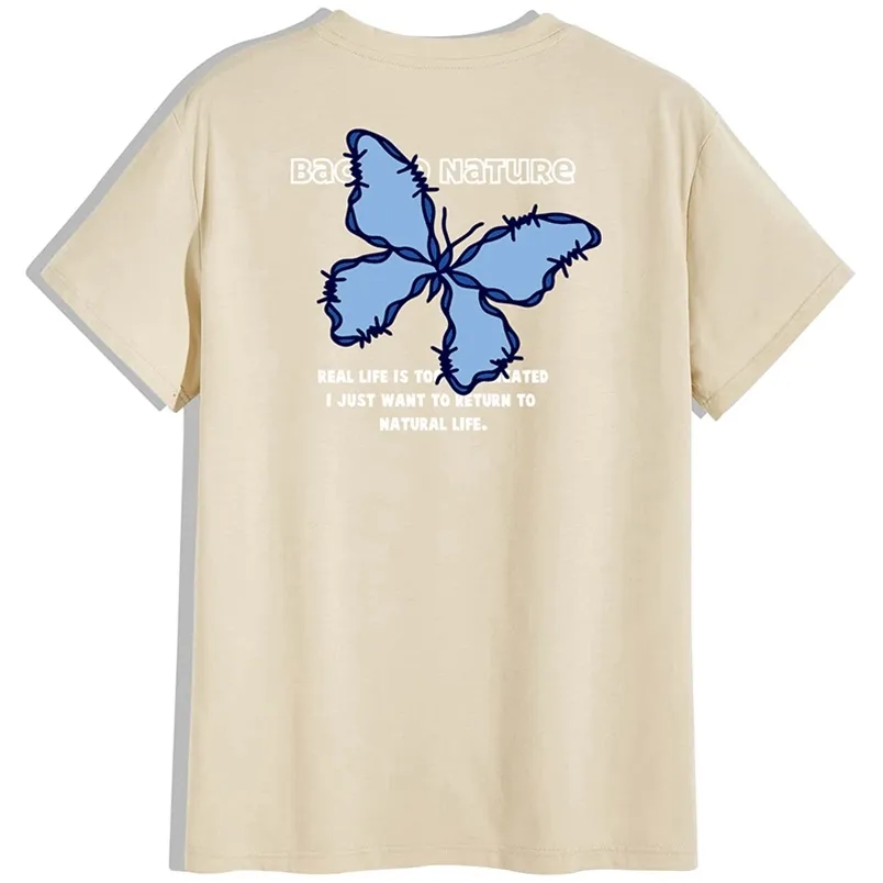Дизайн хип -хоп уличная одежда бежевая мужская футболка синяя бабочка