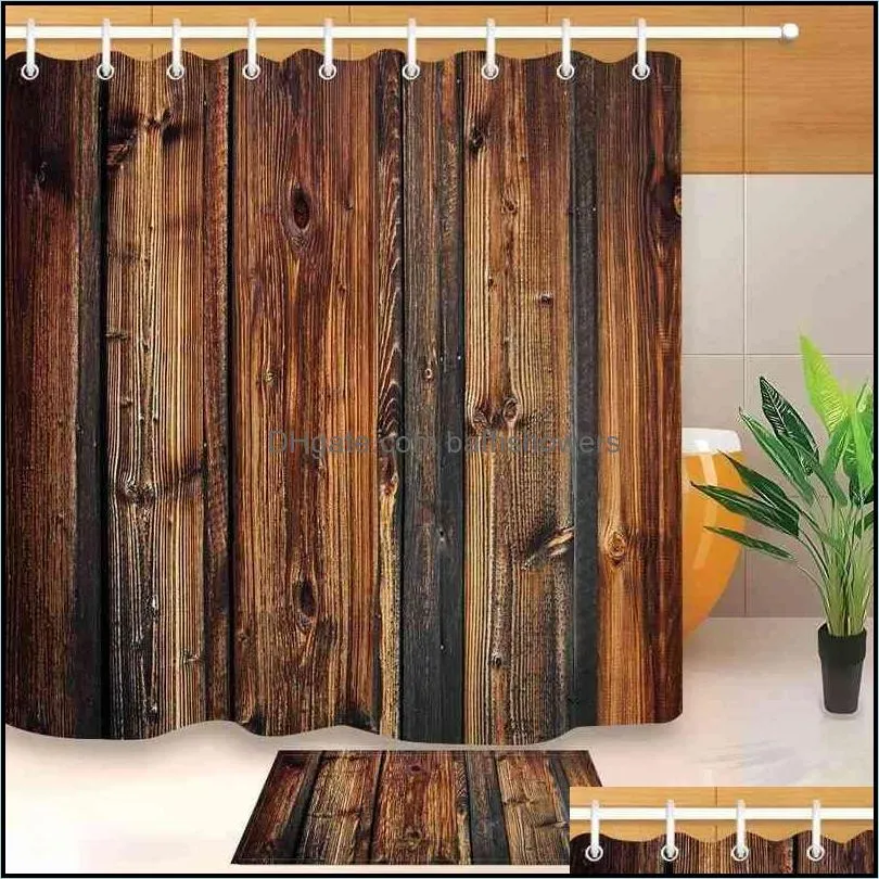rustic wood panel brown plank fence shower curtain and bath mat set waterproof polyester bathroom fabric for bathtub decor 211223