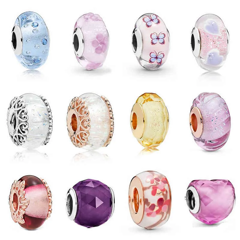 Nowy 2019 100% 925 Sterling Silver Rose Różowy Murano Szkło i Liście Urok Glass Bead Fit DIY Oryginalna Bransoletka Biżuteria Hurtowa AA220315