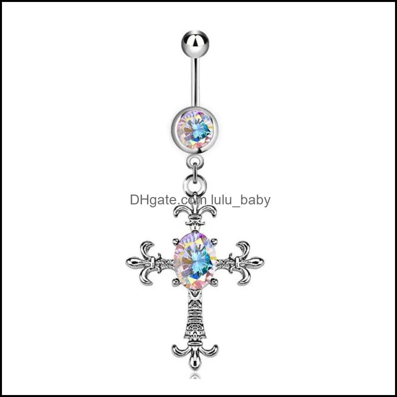 dangle cross belly button rings stainless steel fake gem inlaid body piercing navel barbell ring with crossing charm