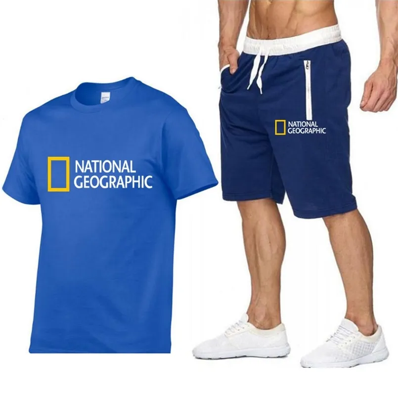 Baumwolle Kurzarm T-Shirt Shorts Zweiteiler Herren NATIONAL Geographic Indication Anzug Freizeit Sportbekleidung Fitness S 2XL 220708