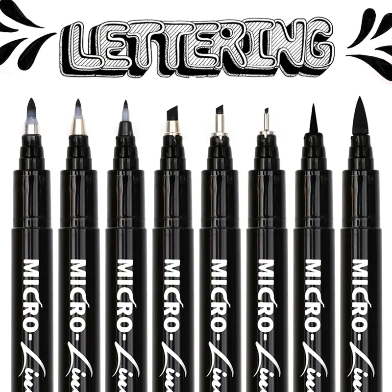 8 stücke Hand Schriftzug Stifte Neelde Zeichnung Linie Kalligraphie Wasserdichte Pigment Skizze Marker Für Design Kunst Supplie Y200709