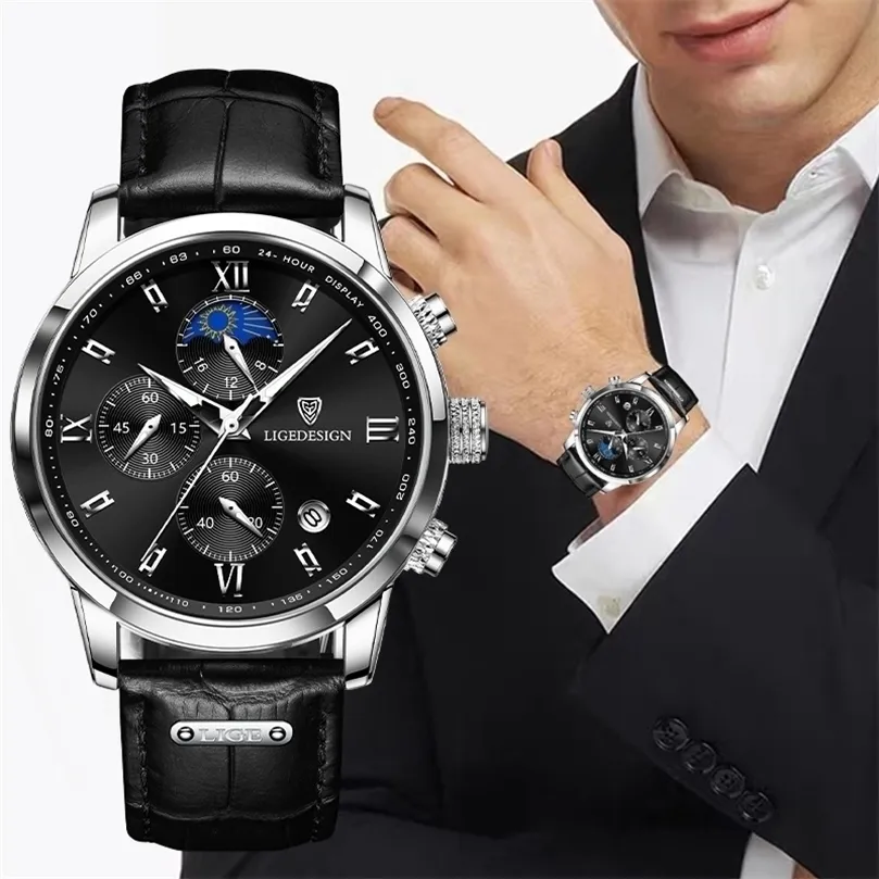 LIGE Herrenuhren Business Fashion Uhr Mann Top Marke Luxus Leder Armbanduhr Quarz Chronograph Wasserdicht Auto Datum Uhr 220530