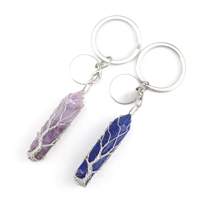 Tree Of Life Handmade Hexagonal Prism Keychain With Natural Stone Healing Crystal Quartz Crystal