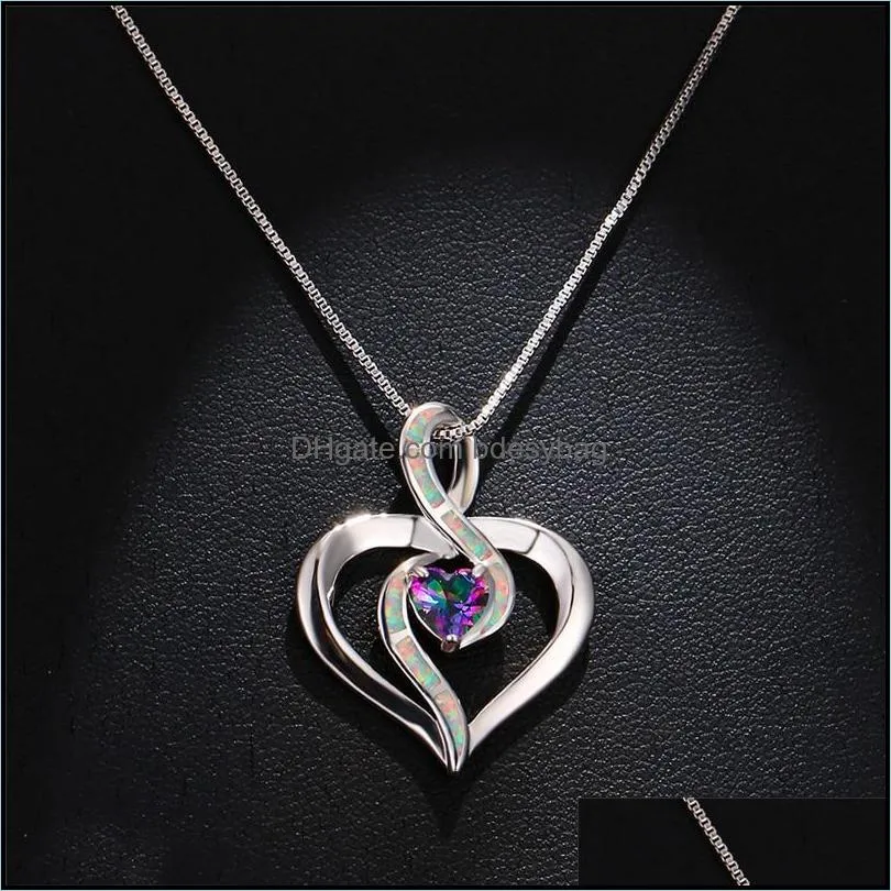 pendant necklaces cute female white opal pendants charm silver color wedding for women vintage crystal heart chain necklace