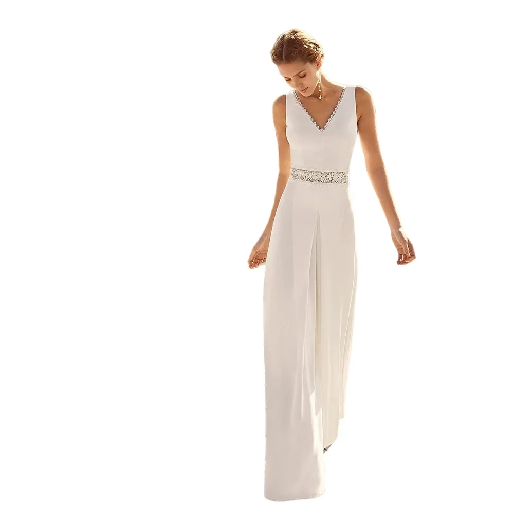 Abito Da Tuta Da Sposa In Spiaggia Con Fascia Di Perline Abito Da