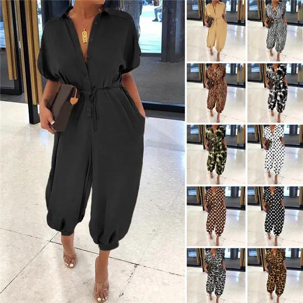 13 färger Dam Jumpsuits Rompers V-ringad Casual Jumpsuit Dam Kortärmad Knapp Lös Stor Storlek Lång Overall Mode Dam